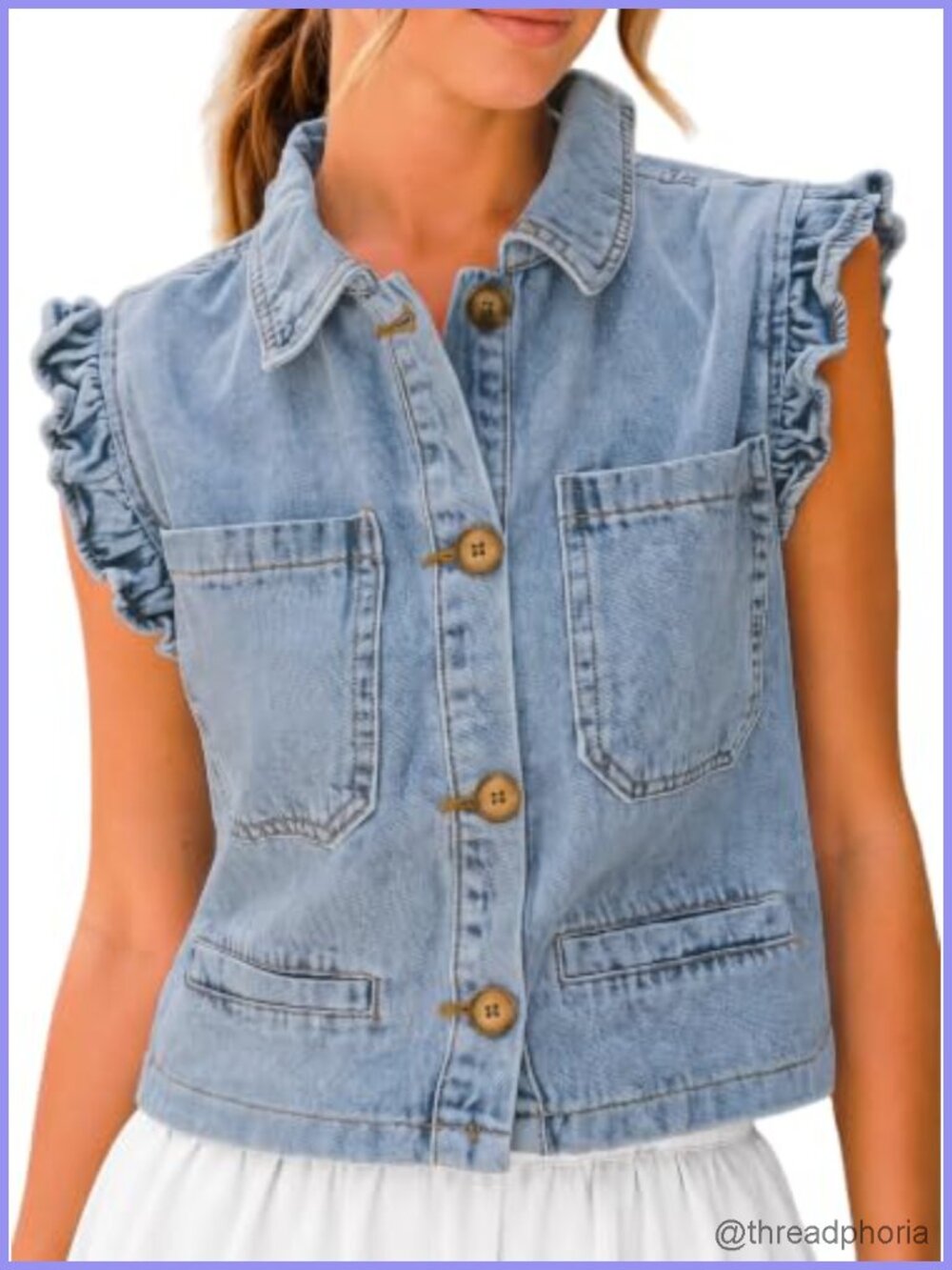Cropped Denim Vest Womens Sleeveless Ruffle Lapel Collar Button Down Jean Vest